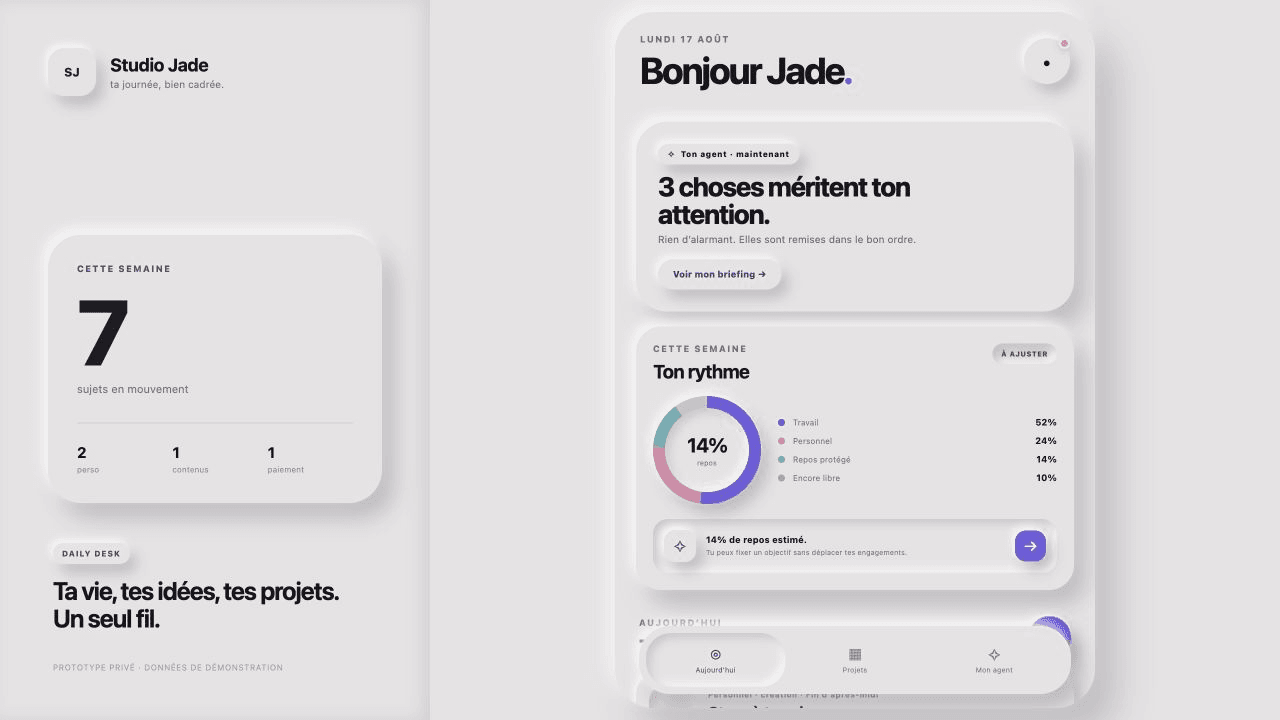 Capture non compressée de la landing page de Studio Jade, une application d’organisation personnelle.