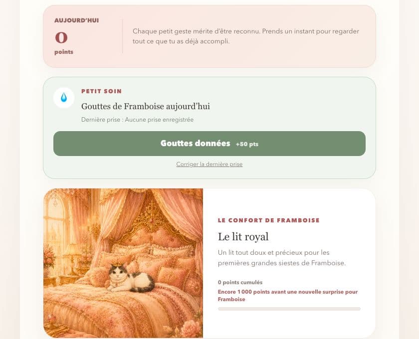 Capture réelle de Mom Flow montrant les gouttes de Framboise, son illustration et le système de confort à débloquer.